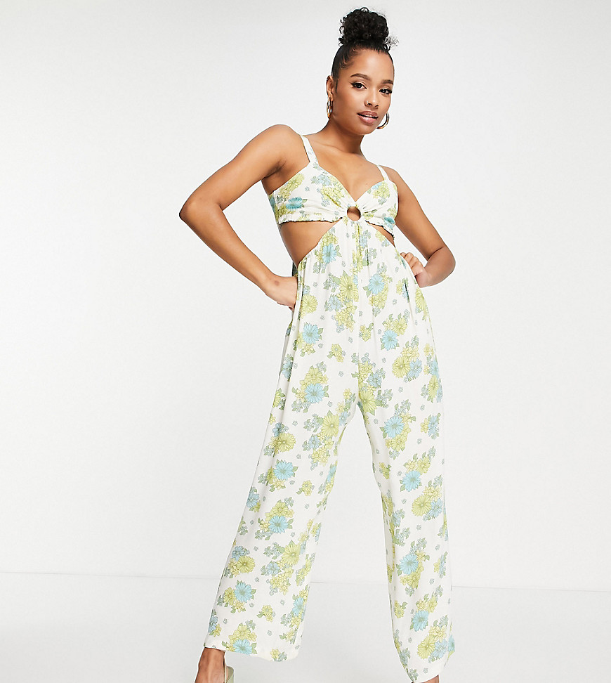 Petite cut out wide leg strappy jumpsuit in green floral