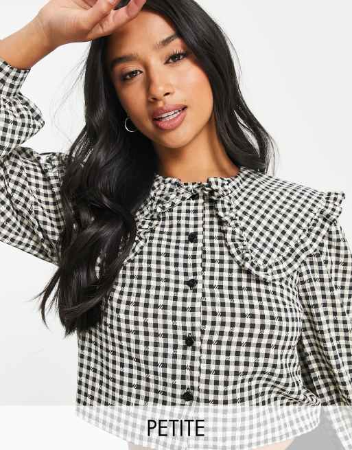 Miss Selfridge Petite – Czarna koszula z kołnierzykiem i wzorem w kratkę vichy