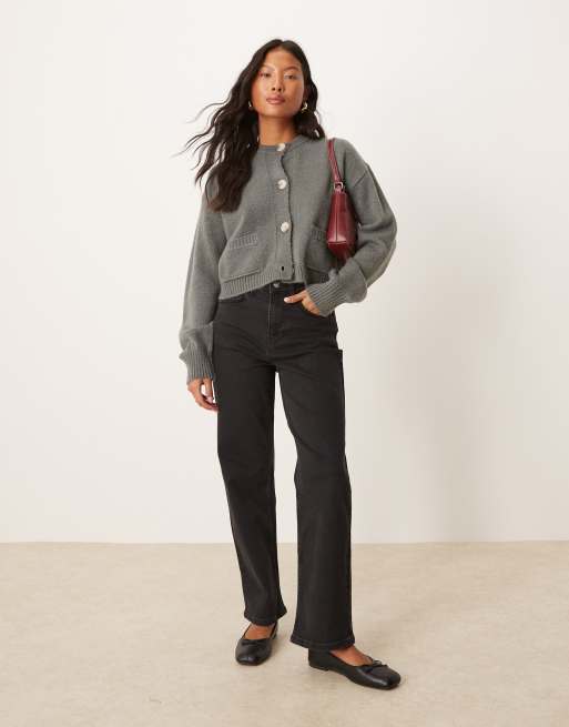 Miss Selfridge Petite – Czarne jeansy z prostymi nogawkami i kieszeniami w kształcie serc