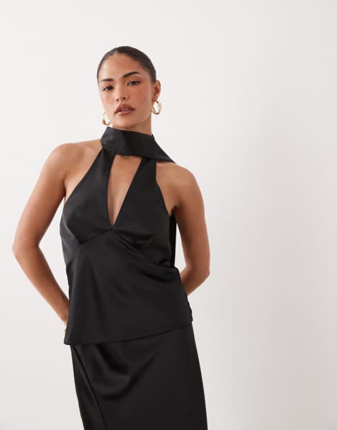 Miss Selfridge Petite – Czarny satynowy top z szalem, część zestawu - view 1