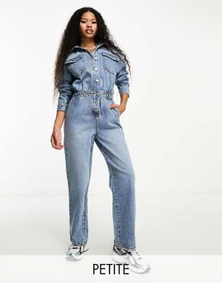 Miss Selfridge Petite Denim Boiler Suit In Blue Wash