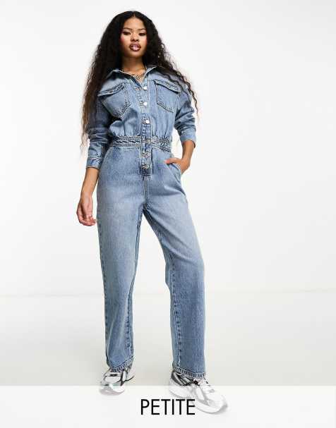 Tall Blue Wash Cargo Shoulder Pad Denim Jumpsuit