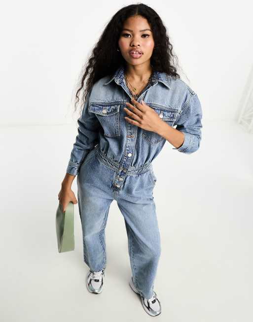 Miss Selfridge Petite denim boiler suit in blue wash ASOS