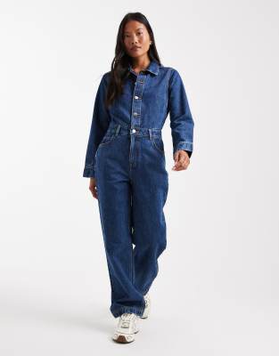 Miss Selfridge Petite Denim Boilersuit In Blue