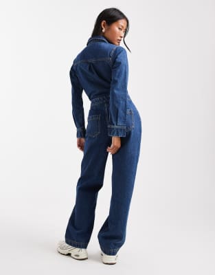 Miss Selfridge Petite Denim Boilersuit In Blue