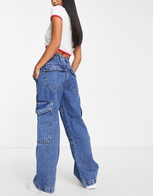 Petite Light Blue Wash Cargo Pocket Baggy Wide Leg Jeans