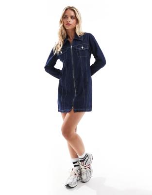 Miss Selfridge Petite Miss Selfridge Petite denim zip shirt dress in dark wash-Blue