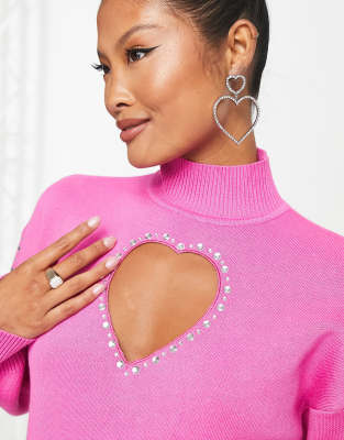 Miss Selfridge Petite diamante heart cut out sweater dress in pink | ASOS