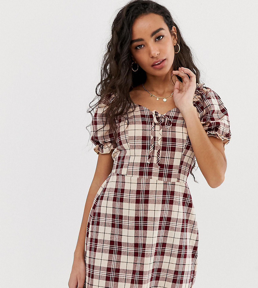 Miss Selfridge Petite dress with puff sleeve in check-Red