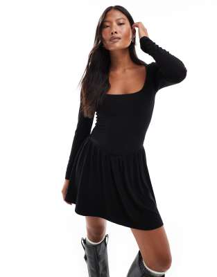 Miss Selfridge Petite dropped waist long sleeve mini dress in black