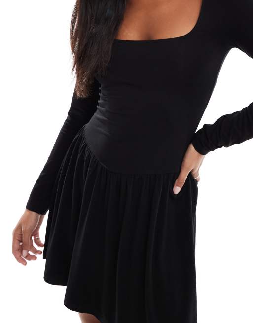 Miss Selfridge Petite dropped waist long sleeve mini dress in black