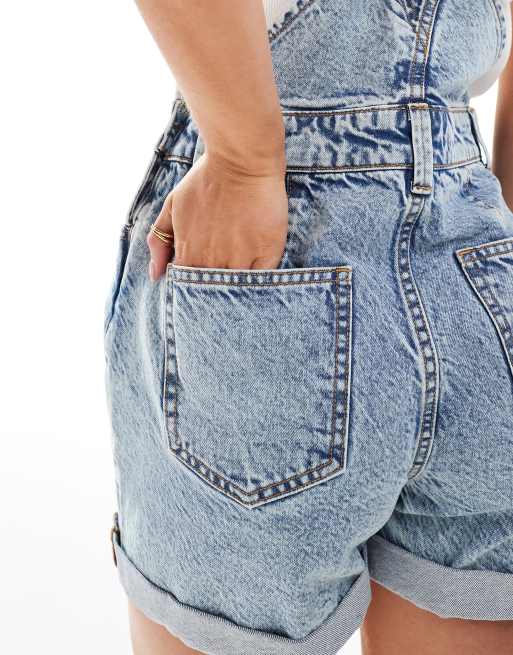 Miss Selfridge Petite dungaree denim shorts in blue acid wash