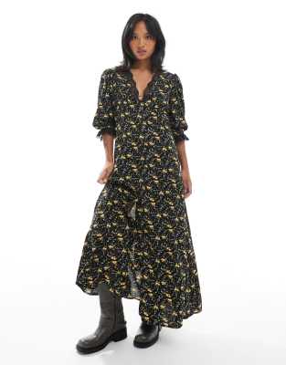 Miss Selfridge Petite - Durchgeknöpftes Maxikleid in Schwarz mit Blümchenmuster, Spitzenborte-Bunt