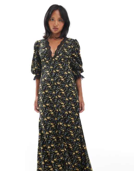 Miss Selfridge Petite – Durchgeknöpftes Maxikleid in Schwarz mit Blümchenmuster, Spitzenborte, 3 von 4