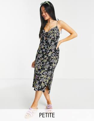 Miss Selfridge Petite eco bunny tie slip midi dress in multi cluster floral-Black