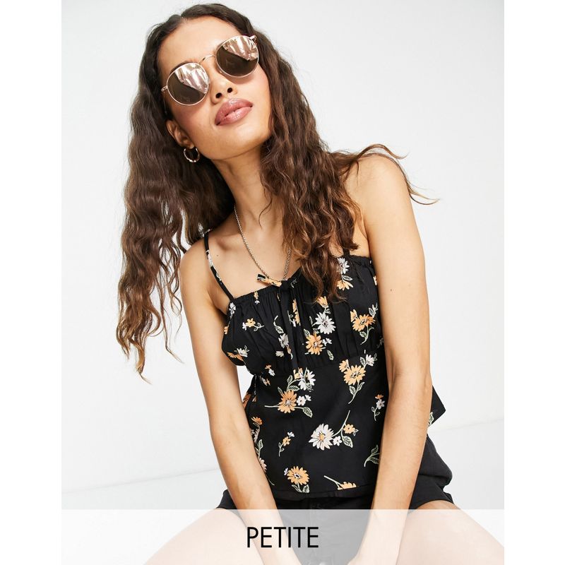 Miss Selfridge Petite – Eco – Camisole-Oberteil mit Raffung am Dekolleté und Schnürung vorn in schwarzem Sonnenblumenmuster