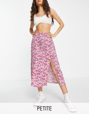 Miss Selfridge Petite split button midi skirt in pink ditsy  - PINK