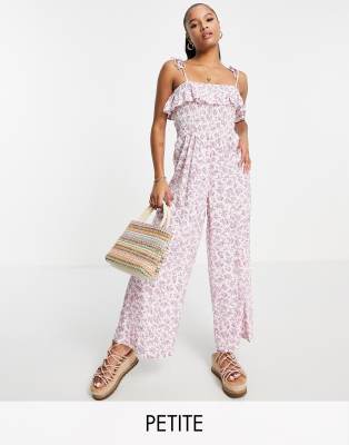 Miss Selfridge Petite Strappy Shirred Jumpsuit In Lilac Ditsy - Lilac-purple