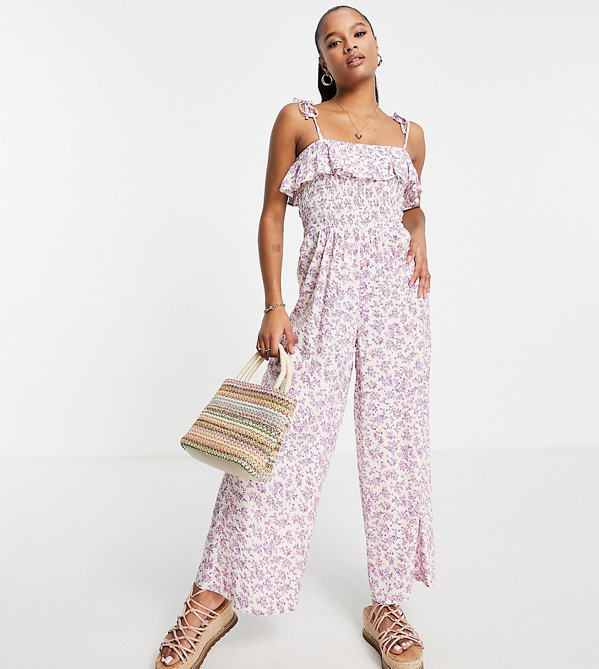 Miss Selfridge Petite eco strappy shirred jumpsuit in lilac ditsy-Purple