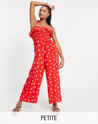Miss Selfridge Petite strappy shirred jumpsuit in red stamp rose  - RED