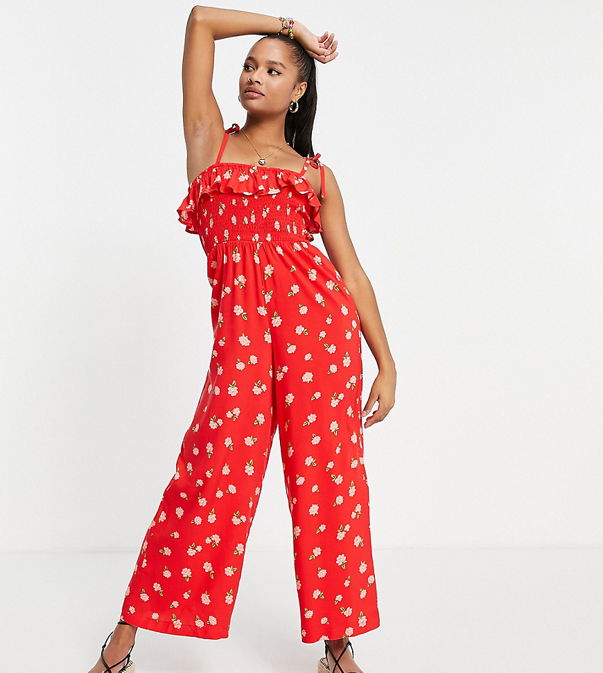 Miss Selfridge Petite eco strappy shirred jumpsuit in red stamp rose