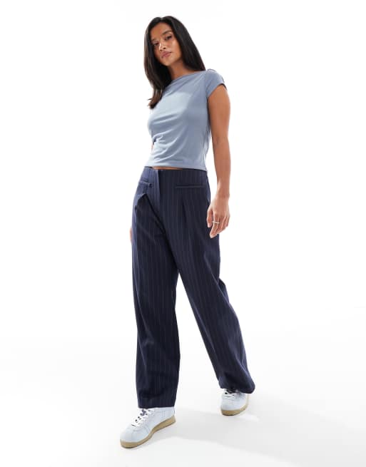 Miss Selfridge Petite - Elegante broek met hoge taille in marineblauw met krijtstreep
