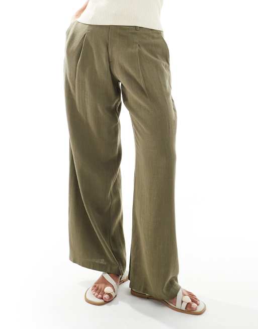 Miss Selfridge Petite – Elegante, weit geschnittene Hose in Khaki aus Leinenmix, 2 von 5