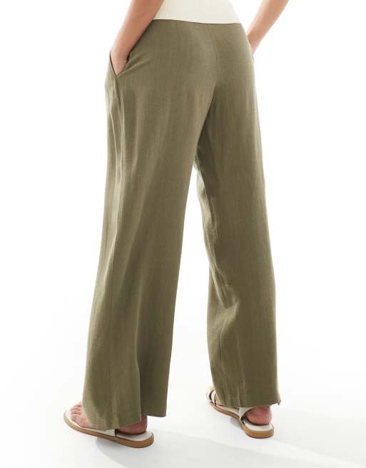 Miss Selfridge Petite – Elegante, weit geschnittene Hose in Khaki aus Leinenmix, 3 von 5