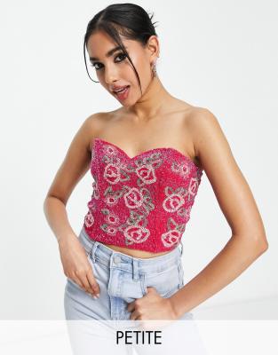 Miss Selfridge Petite Premium Embellished Rose Corset Top In Hot