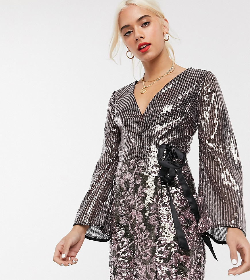 Miss Selfridge Petite Embellished Wrap Dress In Silver-black | ModeSens