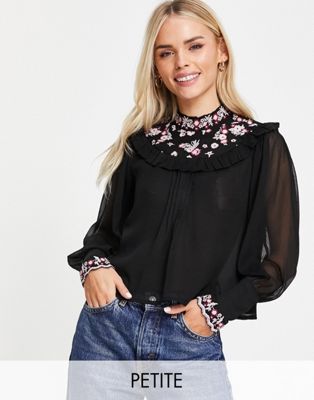 Miss Selfridge Petite embroidered chiffon blouse in black