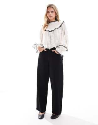 Miss Selfridge Petite Embroidered Chiffon Heritage Blouse With Black Tipping-white In White