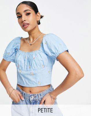 Miss Selfridge Petite embroidered gathered crop top in blue - ASOS Price Checker