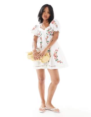 embroidered mini babydoll dress-Multi
