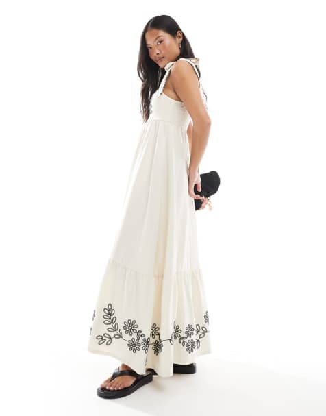 Miss Selfridge Petite embroidered tie shoulder maxi dress in cream - view 1