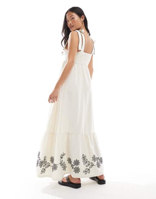 Miss Selfridge Petite embroidered tie shoulder maxi dress in cream, 2 of 4