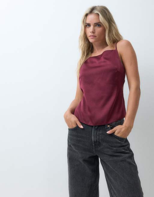 Miss Selfridge Petite ensemble coordonné caraco sans dos en satin rouge baie, 4 de 5