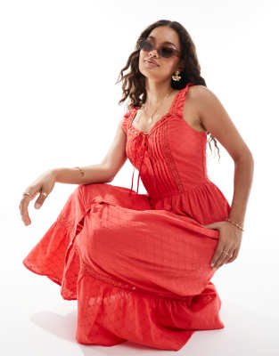 eyelet milkmaid maxi dress in red