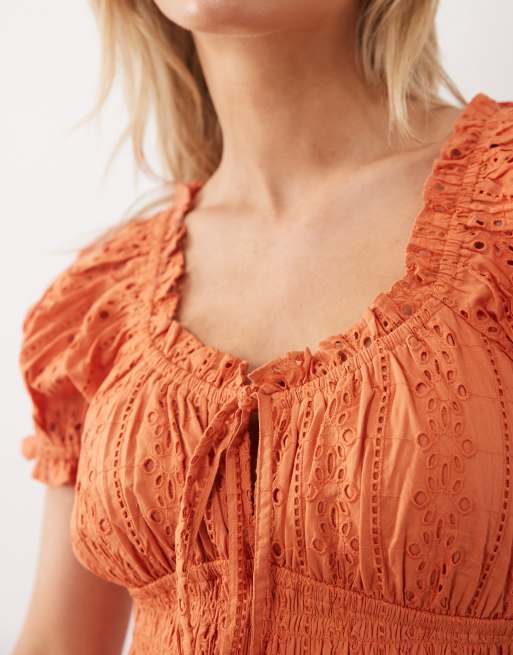 Miss Selfridge Petite eyelet milkmaid midaxi dress in burnt orange