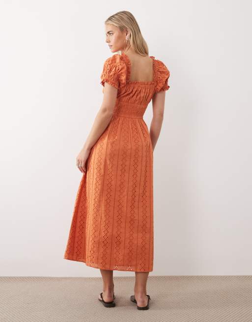 Miss Selfridge Petite eyelet milkmaid midaxi dress in burnt orange | ASOS