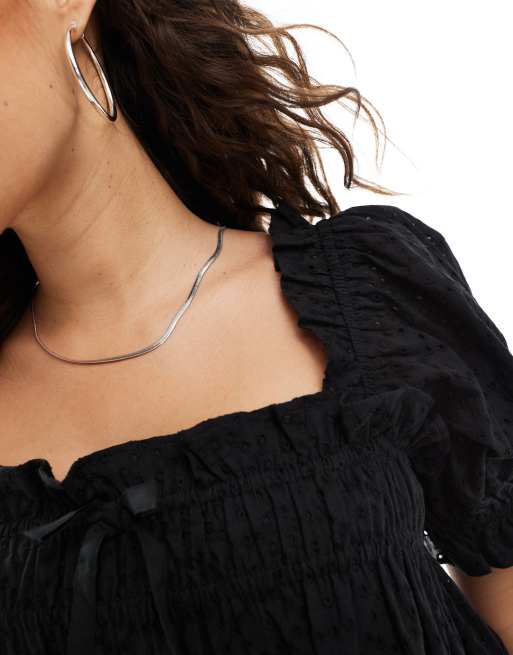 Miss Selfridge Petite eyelet smock dress in black, 3 of 4