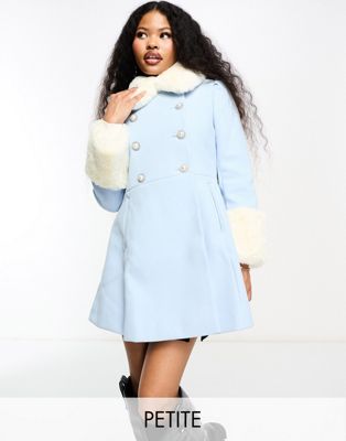 Miss Selfridge Petite faux fur collar and cuff dolly coat in pale blue