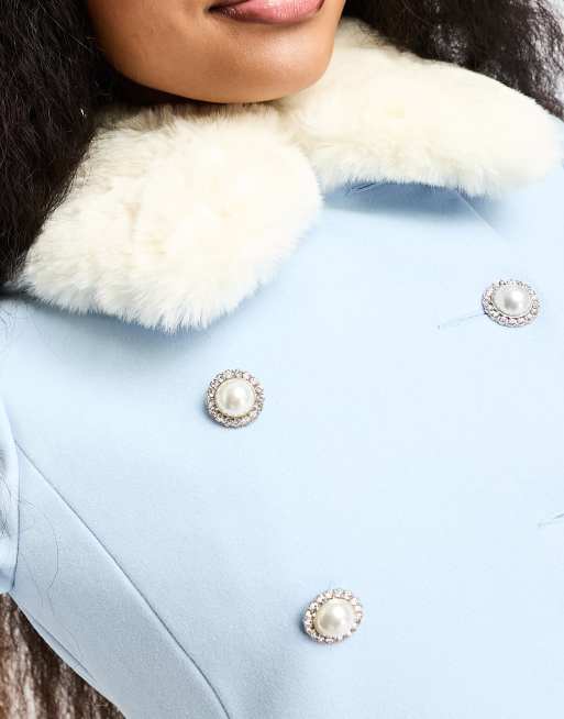 Miss Selfridge Petite faux fur collar and cuff dolly coat in pale blue