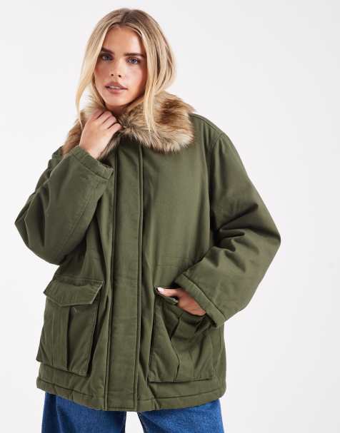 Miss Selfridge Petite faux fur collar parka in khaki - view 1