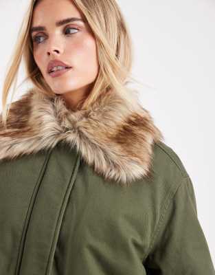 Miss Selfridge Petite Faux Fur Collar Parka In Green