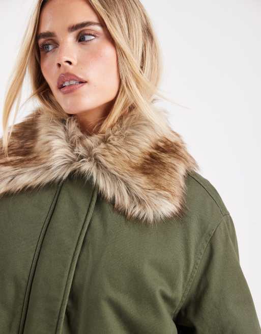 Miss Selfridge Petite faux fur collar parka in khaki, 2 of 4