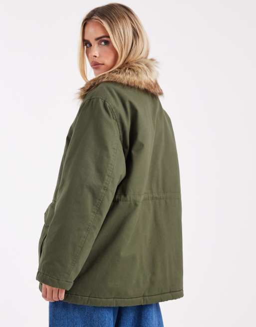 Miss Selfridge Petite faux fur collar parka in khaki, 4 of 4