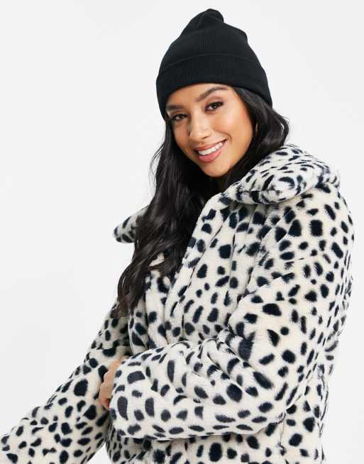 Miss Selfridge Petite faux fur jacket in black spot ASOS