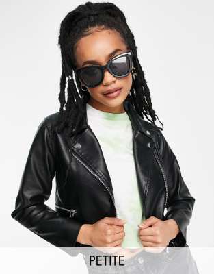 Miss Selfridge Petite faux leather biker jacket in black