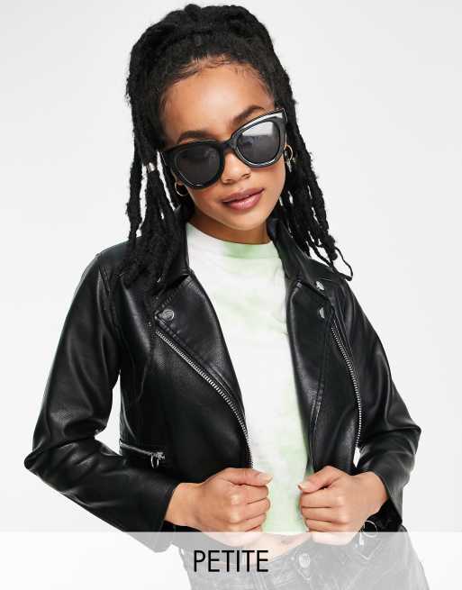 Miss Selfridge Petite faux leather biker jacket in black